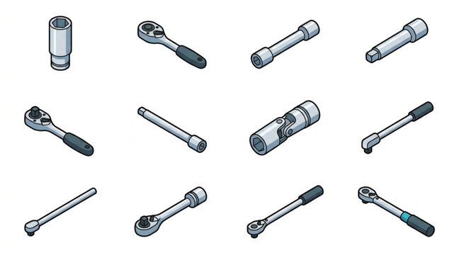 Collection of Various Ratchet Wrenches and Sockets.