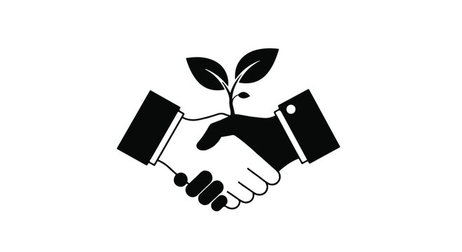 Two hands shaking, with a small plant growing from their clasped hands, symbolize growth and partnership in business.