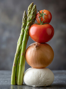 Fresh Vegetable Tower Asparagus Tomatoes Onion and Garlic Still Life.