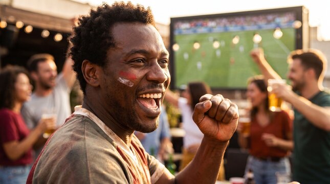Excited African American fan with face paint cheering and celebrating as friends watch a soccer match on a large screen at a lively outdoor bar party.