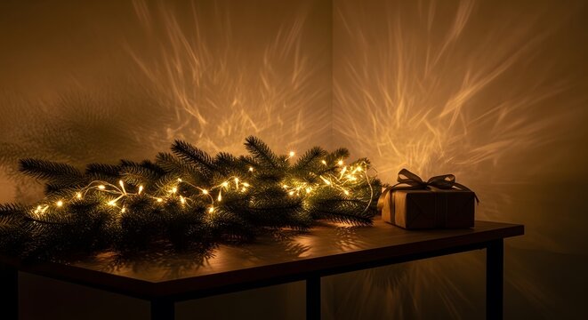 Warmly lit christmas tree branch with string lights on a table with a gift box