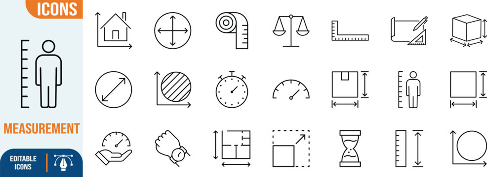 Measurement dimension size scale icons. ruler icon set, tape measure icon set, balance scale icon set
