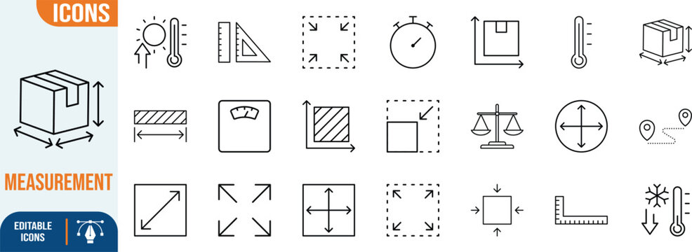 Measurement dimension weight size vector icons. thermometer icon set, ruler icon set, scale icon set