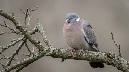 Fototapeta premium Common wood pigeon resting on thick bare branch isolated background