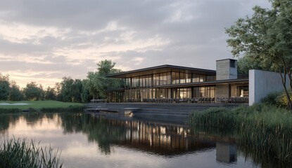 Fototapeta premium Modern golf social audio app icon with sleek architectural design featuring large glass windows and a contemporary villa setting, surrounded by lush greenery and a tranquil water body