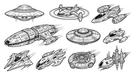 Collection of Sci-Fi Spaceships and UFOs, Black and White Line Art © hana