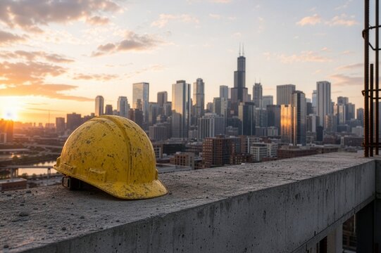Golden Hour Over Chicago: A Yellow Hard Hat Restoring a Skyscraper Deck with the Willis Tower Skyline Silhouette