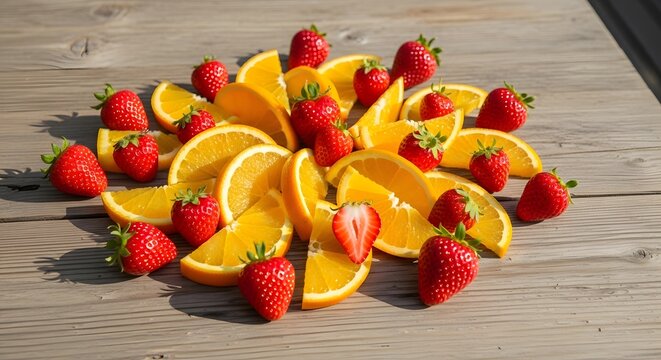 Fresh strawberries and orange slices on a wooden table top