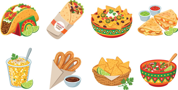 Mexican food vector illustration with tacos nachos burrito quesadilla corn and salsa for restaurant menu design