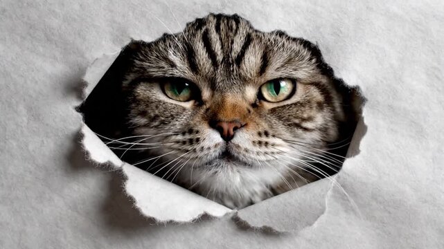 Tabby Cat Looking Through Torn Paper Opening. 4K Video