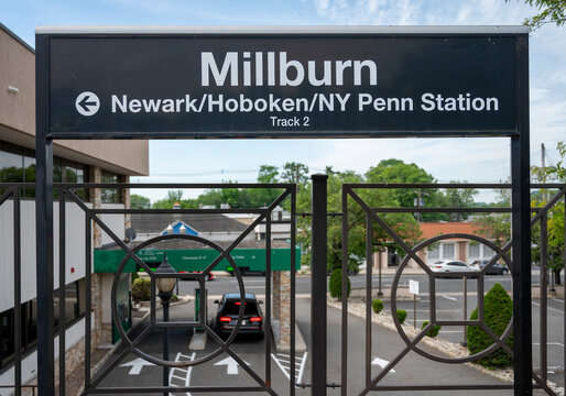 Millburn, New Jersey, USA - March 16, 2026: The sign at the New Jersey Transit station in Millburn New Jersey.