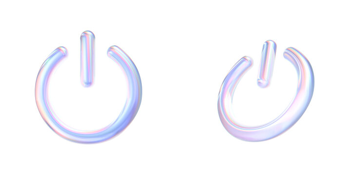 3D Iridescent Power Button Icon Front and Perspective View