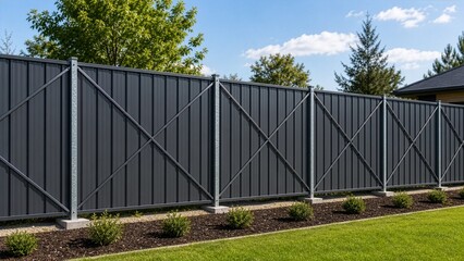 Fototapeta premium Modern Charcoal Gray Metal Privacy Fence with Galvanized Steel Frame and Structural Diagonal Cross Braces