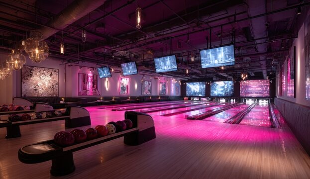 Neon pink bowling alley with led screens and playful lighting creating a vibrant entertainment environment