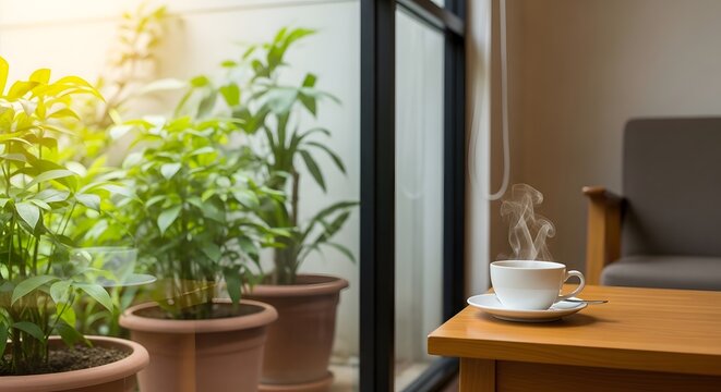 A steaming cup of coffee on a wooden table next to potted plants by a window