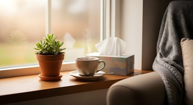 Cozy morning scene with plant, coffee cup, and tissue box on a wooden windowsill