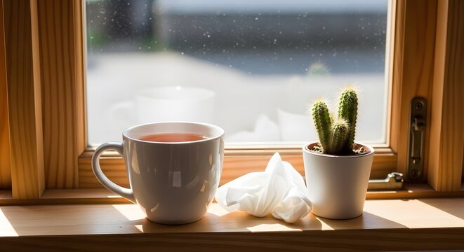 Cozy morning scene with a cup of tea and a small cactus on a windowsill