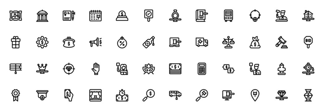 Auction icon set. Business vector icon pack. Minimalist icons. Featuring auction, bidding, auctioneer, diamond ring, money bag, certificate, charity, gift, house, law book, safebox, crown, target, han