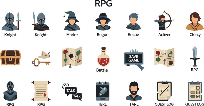 Fantasy RPG game icons set with knights, rogue, archer, cleric, treasure, quest log and battle elements