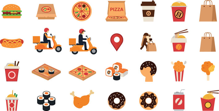 Fast Food Delivery Icon Set Vector Illustration With Pizza Burger Sushi Snacks And Takeaway Service Elements For App Design