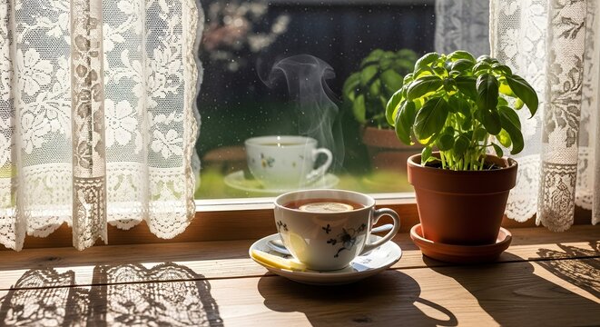 Cozy morning scene with steaming cup of coffee on wooden table by window
