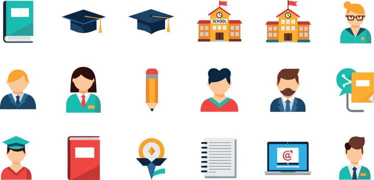 Education Icon Set Vector Illustration With Students Teachers School Buildings Books And Learning Elements For Website Design