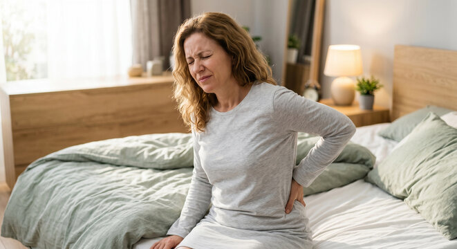 Unhappy mature woman sitting on the edge of a bed in the morning holding her lower back suffering from severe pain