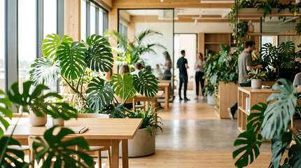 Fototapeta premium Modern Biophilic Office Interior with Abundant Green Monstera Plants and Natural Light, People Working
