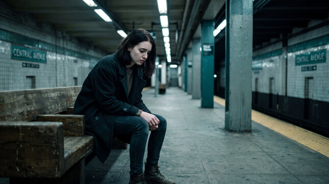 A solitary woman sits on a dimly lit subway bench, gazing downward. The stark, empty station captures a profound sense of urban isolation and quiet, lingering sorrow.