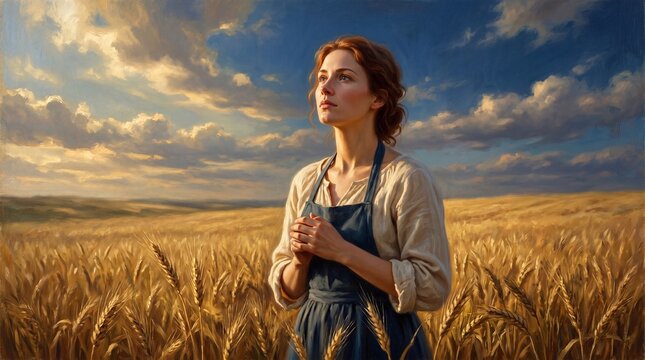 A woman in an apron stands in a golden wheat field, gazing at a dramatic sky. Rendered in a classical oil style, it evokes a timeless sense of hope and quiet rural fortitude.