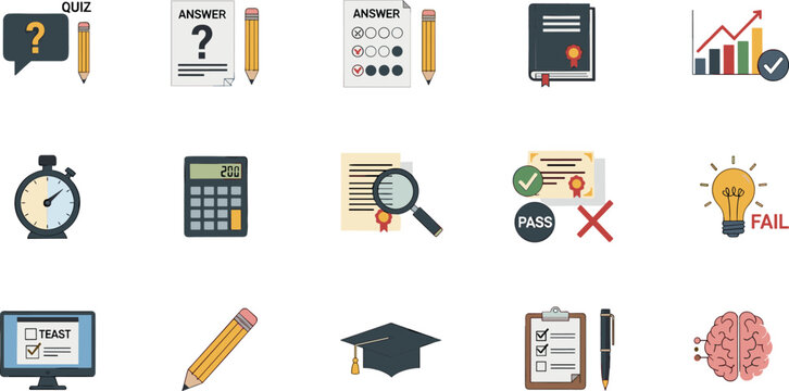Exam quiz and test preparation icons set with answer sheets calculator certificate stopwatch and education symbols