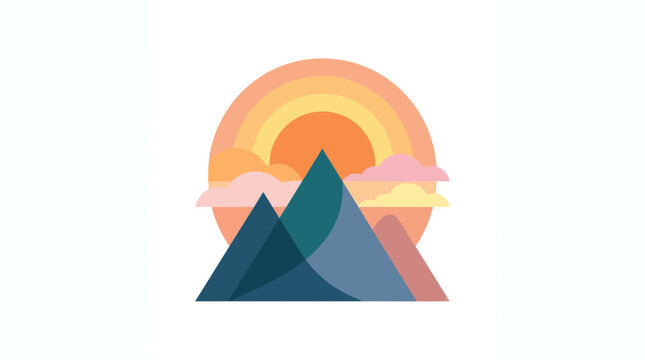 Abstract Mountain Landscape with Sun and Clouds - Geometric Vector Art