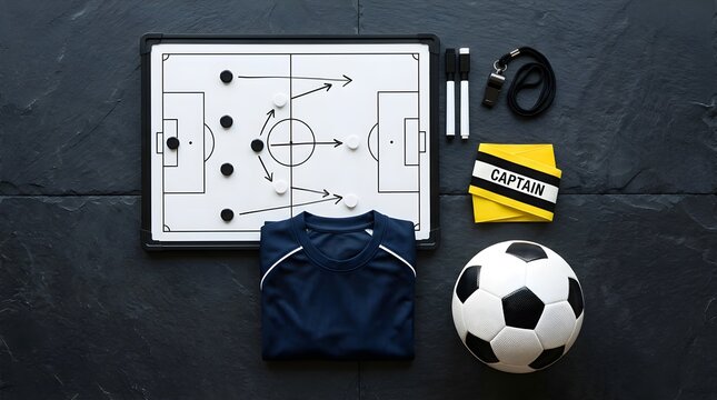 A tactical football board with coaching equipment and a ball highlights planning, teamwork, and strategic preparation for elite international competition.
