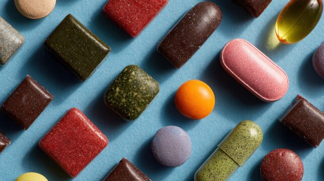 Top-down view of various colorful healthy pills with glossy, smooth textures and vibrant hues