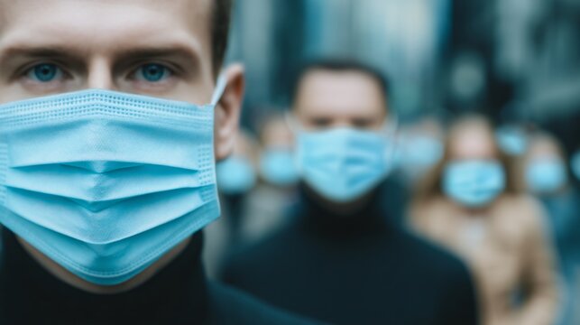 Public health awareness concept, city street with people walking calmly wearing masks, everyday life during epidemic, realistic colors, documentary style, commercial editorial stock image