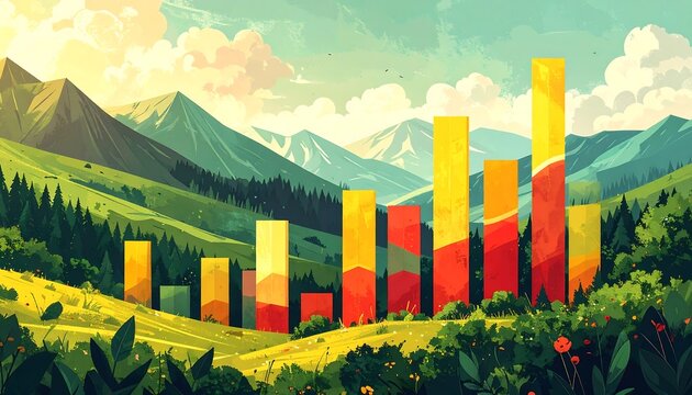 An illustration portrays growth. Bar graphs in the foreground are overlaid on a verdant landscape with rolling hills and distant mountains