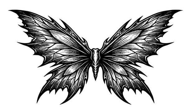 Vintage etching fairy wings black line art vector design with detailed insect wing veins