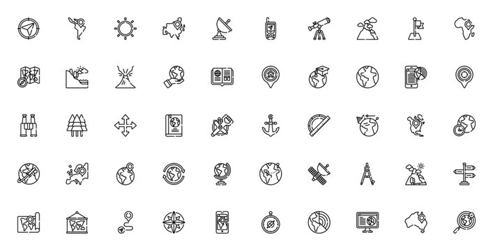 Geography icon set. Minimal vector icons pack. Includes symbols for map, globe, compass, GPS, satellite, mountain, volcano, earth, navigation, location, continent, flag, and more. Editable vector stro