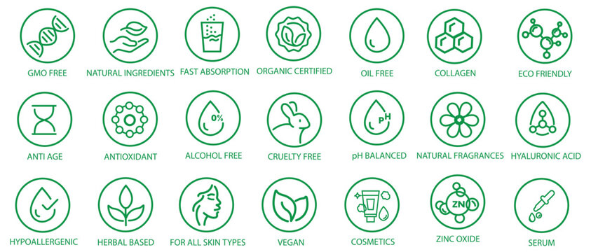 Organic, natural, vegan, cruelty free, collagen, anti age, antioxidant cosmetic editable stroke outline icons set isolated on white background flat vector illustration. Pixel perfect. 64 x 64. 