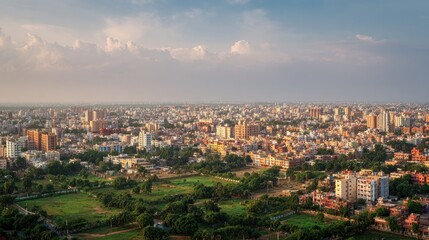 Obraz premium View of amritsar cityscape showcasing dense urban development with a mix of modern and traditional architecture, lush green parks, and expansive skyline under a cloudy sky