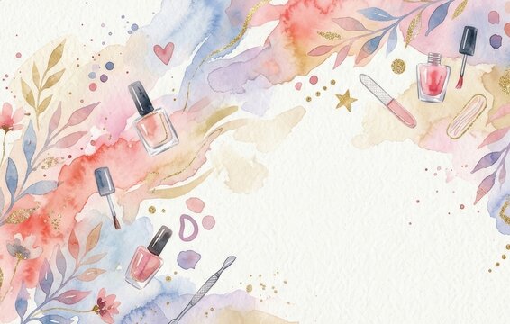 Watercolor illustration with nail polish, cuticle pusher and nail file arranged in a frame. Beauty and fashion concept for cosmetic salon advertising or feminine stationery background.