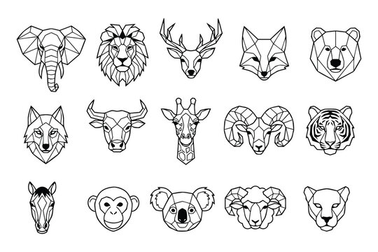Geometric animal head icons, set of 15 linear wildlife vector illustrations, minimalist polygonal animal portraits for logo design and branding