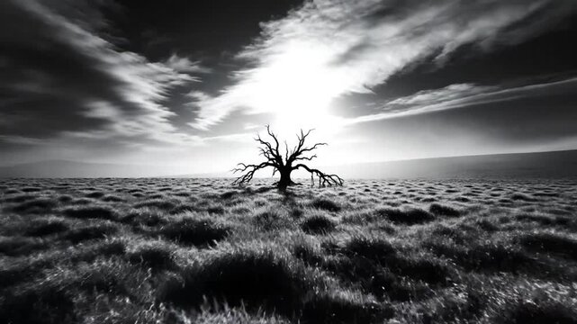 Black and white dramatic landscape of a dead tree in a field, with a bright sky