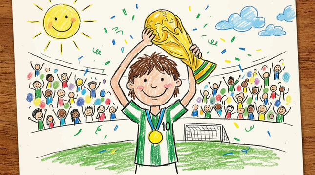 A young boy holding up a trophy in a soccer stadium with a crowd