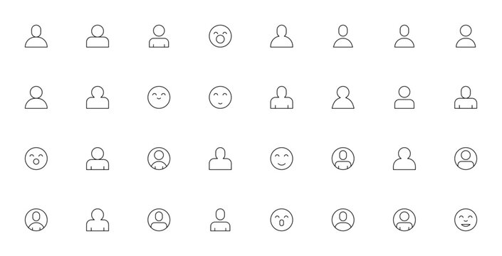 Avatars icon set. User avatar icons pack. Vector illustration featuring multiple user profiles, happy faces, shouting expressions and more. Minimalist line art. Editable stroke.