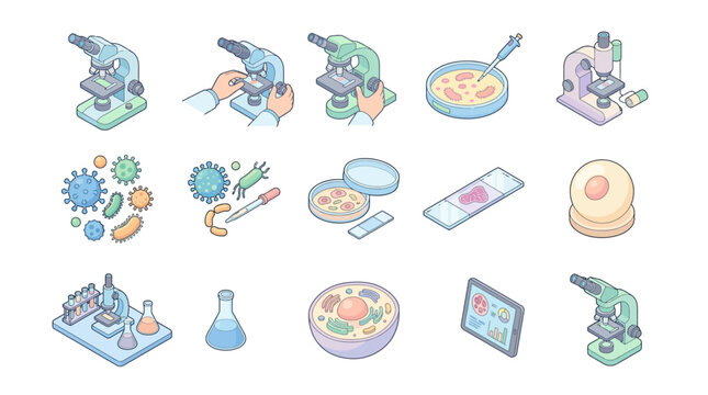 A collection of various scientific laboratory equipment and biological cell icons