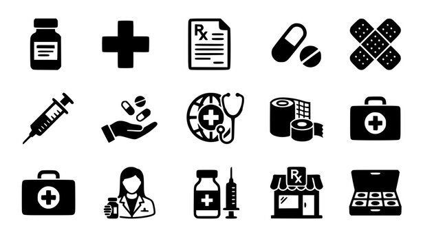 Pharmacy and medicine solid icon set vector illustration
