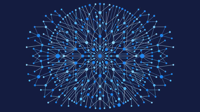 A complex digital network structure with interconnected blue nodes and lines