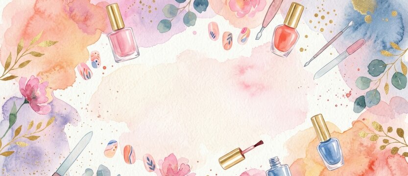 Watercolor illustration of manicure tools and nail polish bottles. Beauty salon background with floral motif. Artistic design for flyer, advertisement, or social media post banner.