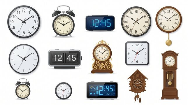 Clock Vector Illustration Collection with Modern Digital and Classic Analog Timepiece Designs